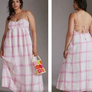Anthropologie Maeve Linen Tie-Back Maxi Dress Sz XL Pink White Plaid Boho Summer
